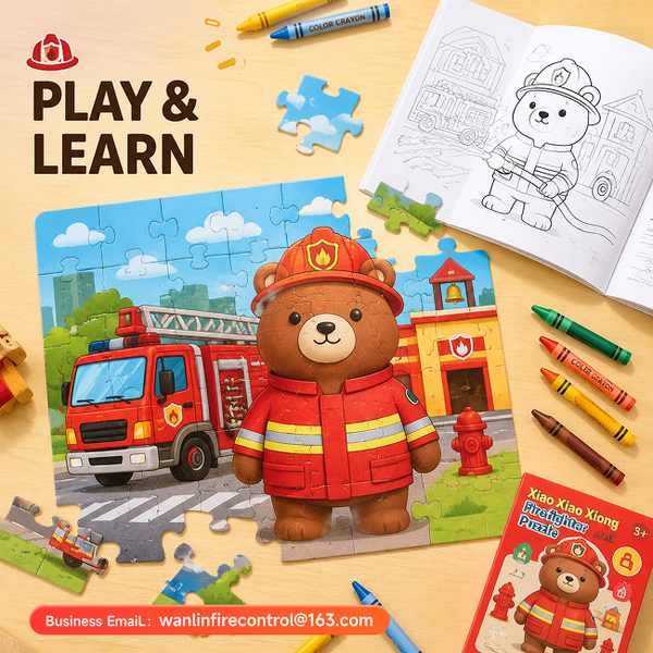 Xiao Bear Firefighter Plush with Helmet and Axe Product Image — Wanlin Fire Protection fire safety ambassador character